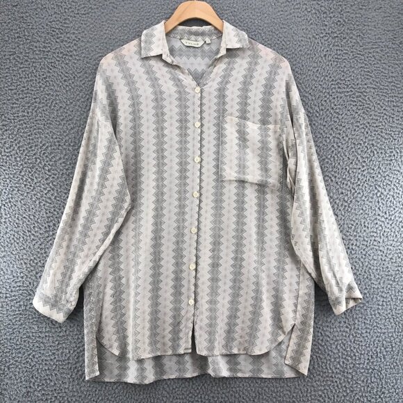 Tylho Top Womens Small Ivory Gray Striped Silk Button Collar Tunic Long Sleeve* - Picture 1 of 11